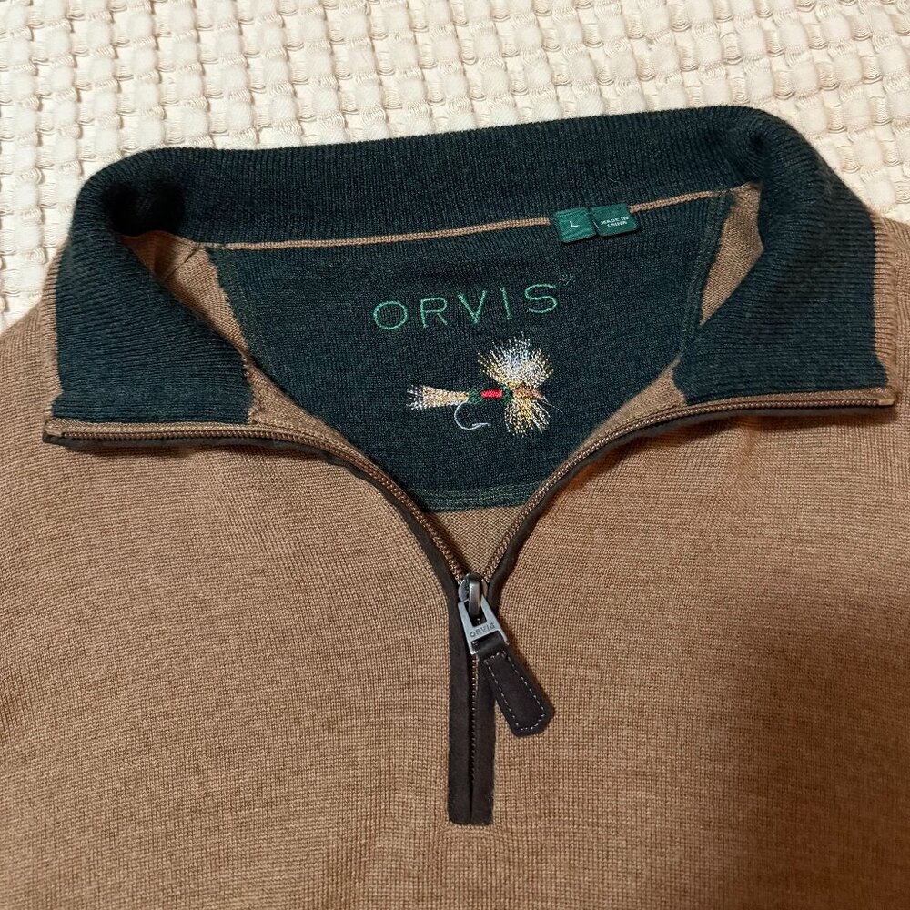*Rare color* Orvis 1/4 Zip w/ 100% Merino wool, Mens large, tan, khaki, l